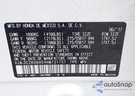 2017 Honda Hr-V Ex из США, поврежденный, VIN 3CZRU6H54HM731757